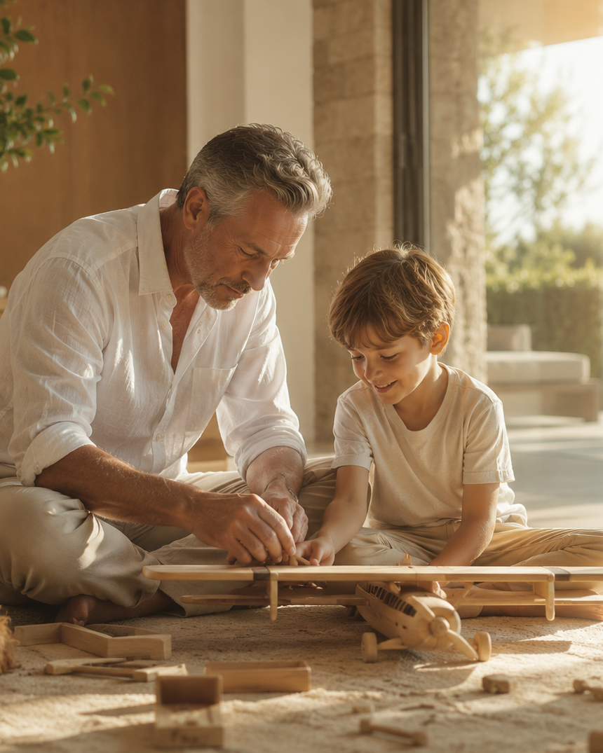 Grandfather building a model airplane with his grandson