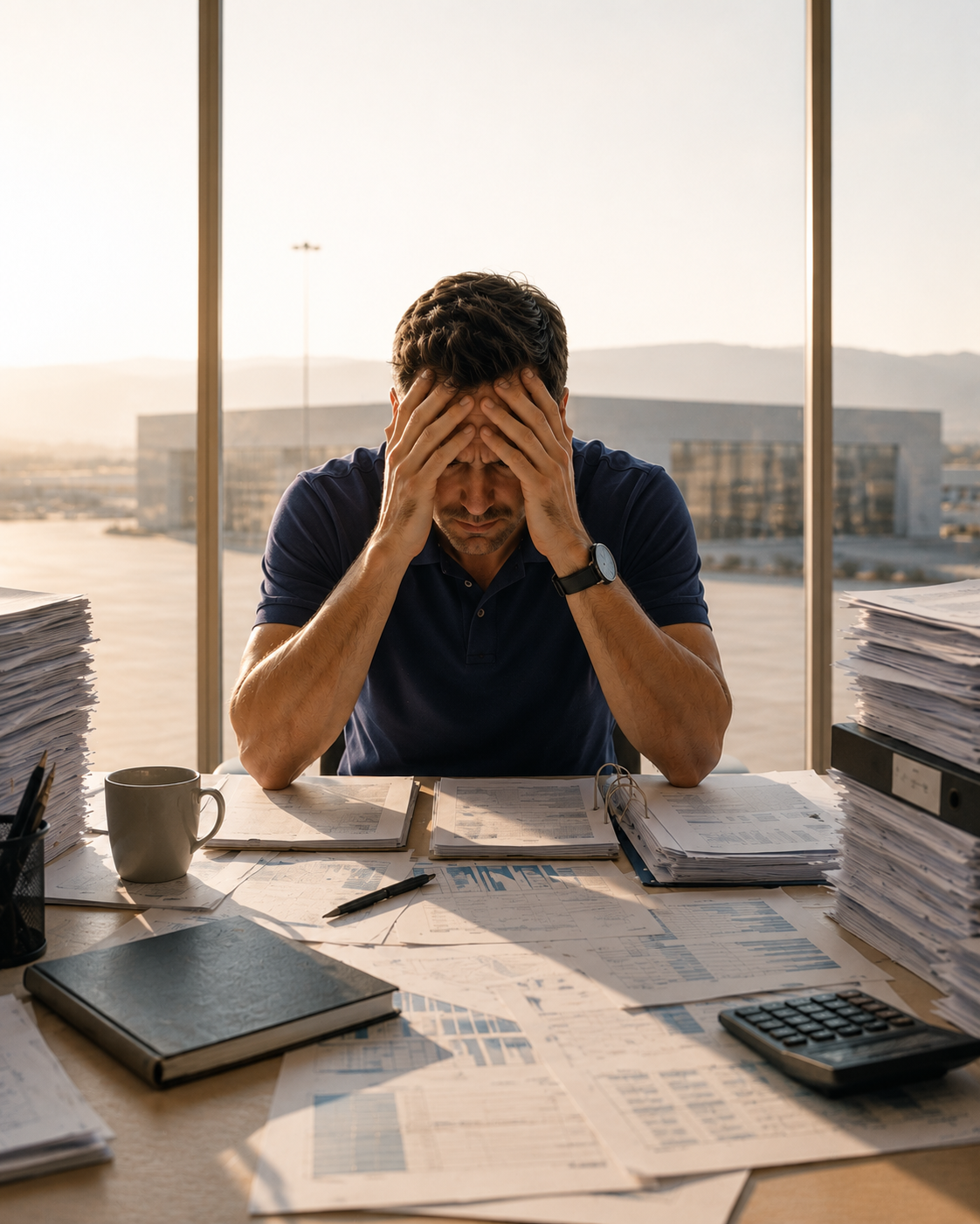 Operator sitting at his desk looking at a pile of paperwork and a laptop with a stressed expression