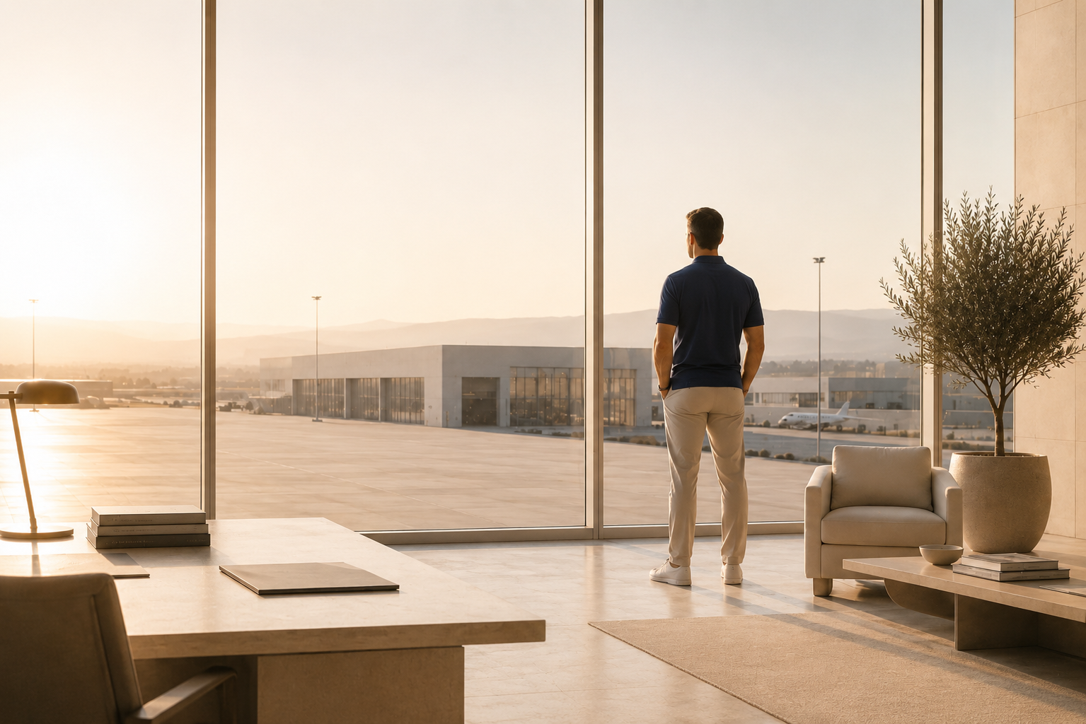 Founder of an aviation company looking over his operation and future growth.