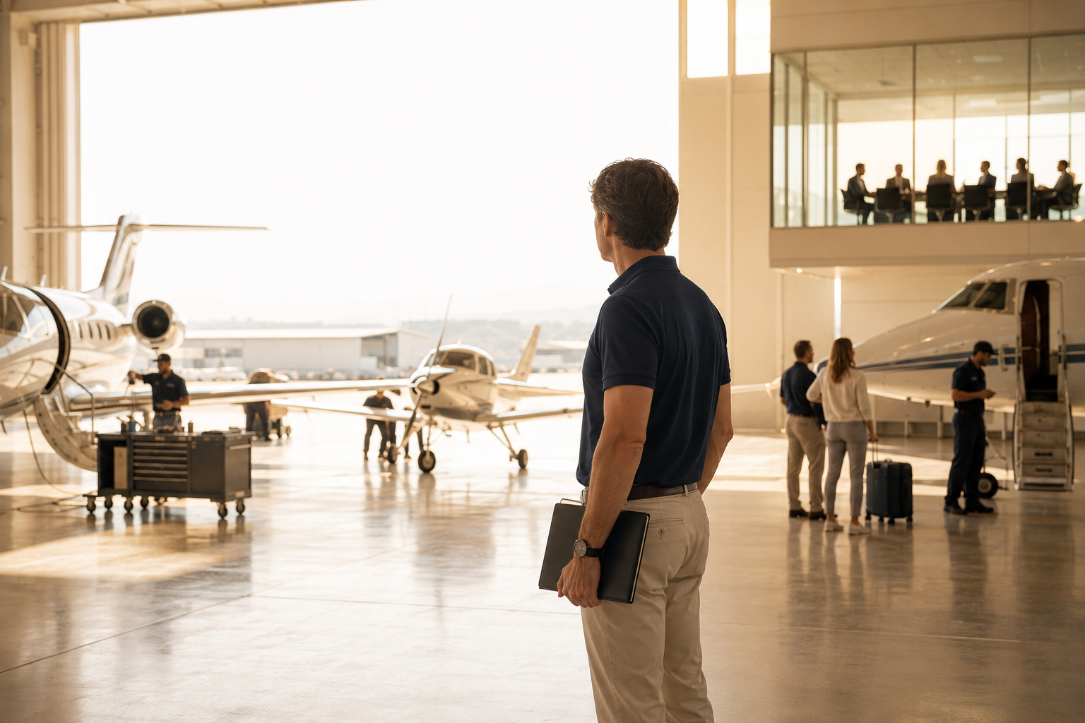 Operator in hangar looking at aircraft with a puzzled expression realizing the operational challenges he has to solve